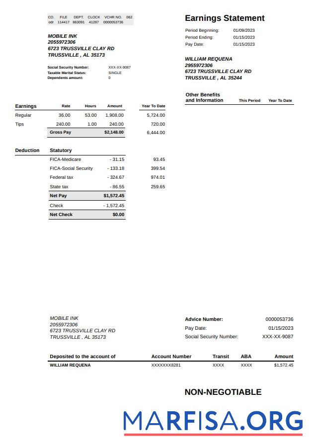 Blank Mobie INK earnings statement sample